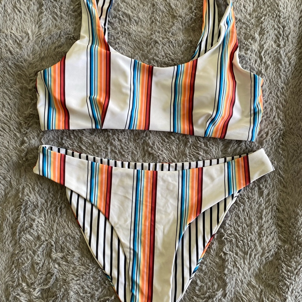 Bikini Set in White with Multi Colored Stripes - L